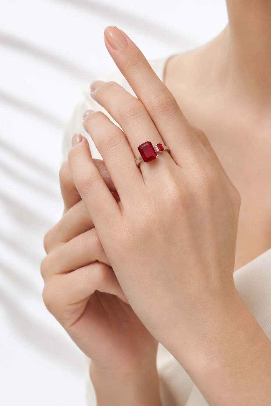 Gem Stone King Emerald-Cut Ruby Ring Size 7 Silver Red Created Ruby